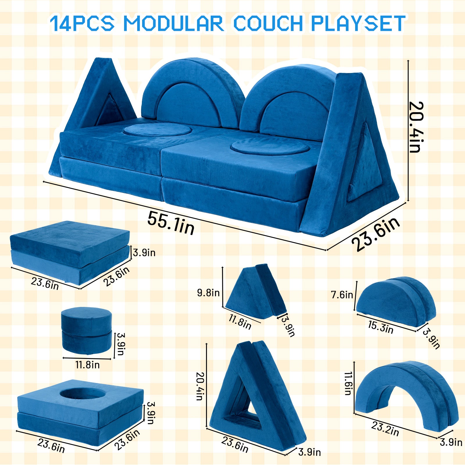 14 Piece Foam Kids Sofa - Blue Modular Play Couch for Toddlers