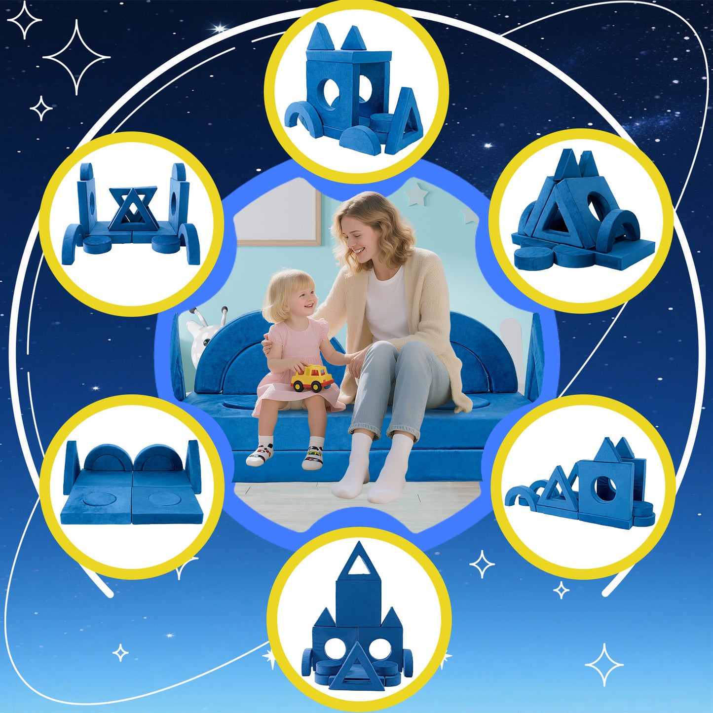 14 Piece Foam Kids Sofa - Blue Modular Play Couch for Toddlers