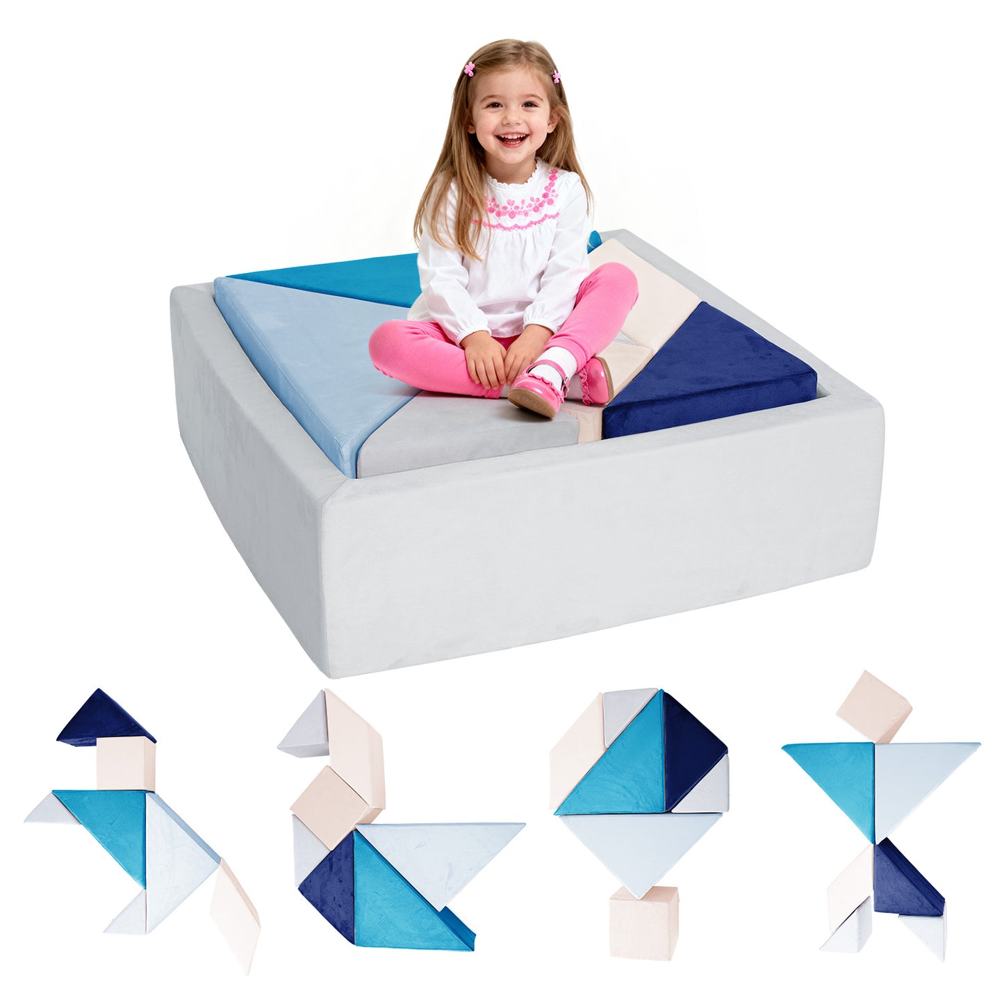 Tangram Puzzle Modular Kids Play Couch, Buildable Fort & Explorer Sofa with Ball Pit, All-Sponge Convertible Playroom Furniture, Creative Play Sofa to Inspire Children’s Imagination & Creativity