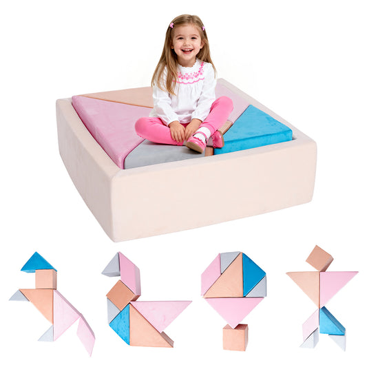 Tangram Puzzle Modular Kids Play Couch, Buildable Fort & Explorer Sofa with Ball Pit, All-Sponge Convertible Playroom Furniture, Creative Play Sofa to Inspire Children’s Imagination & Creativity