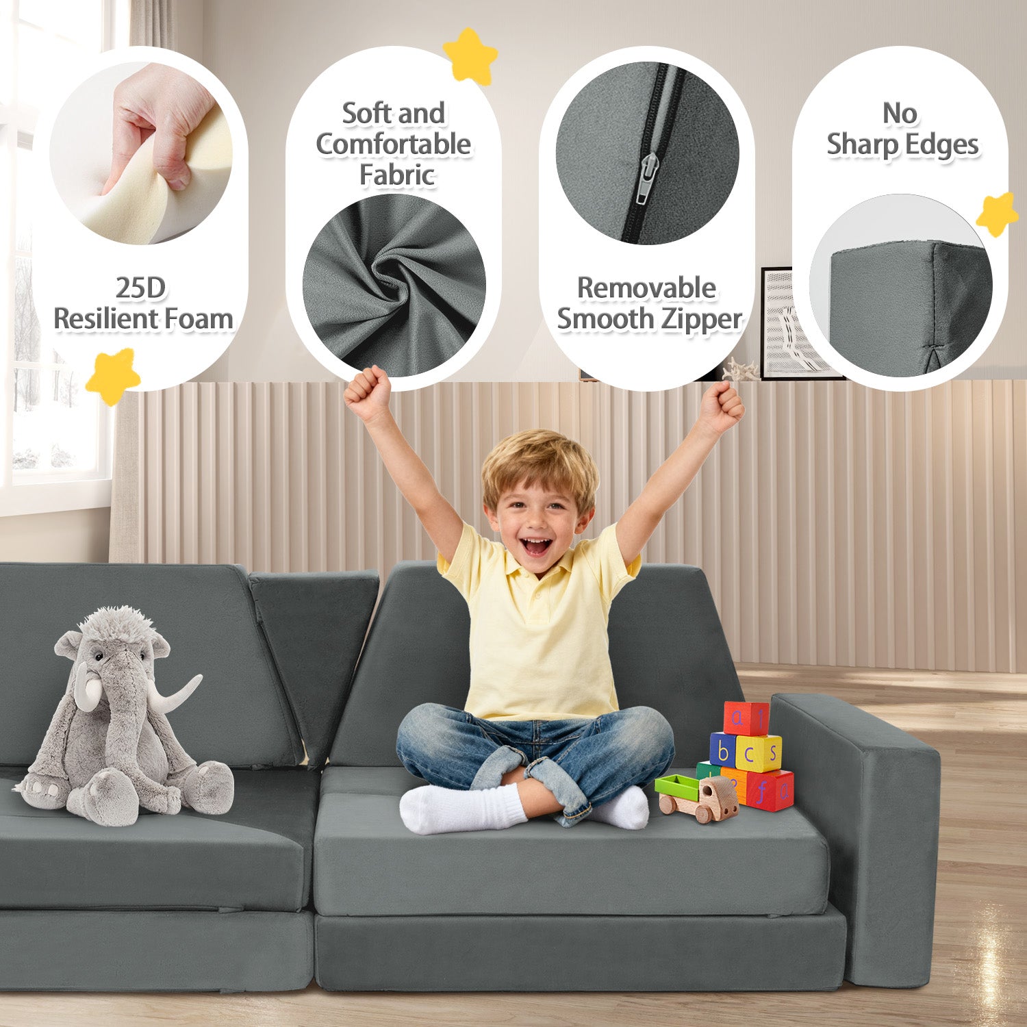 Light Gray Foam Kids Modular Sofa Set 15 Piece