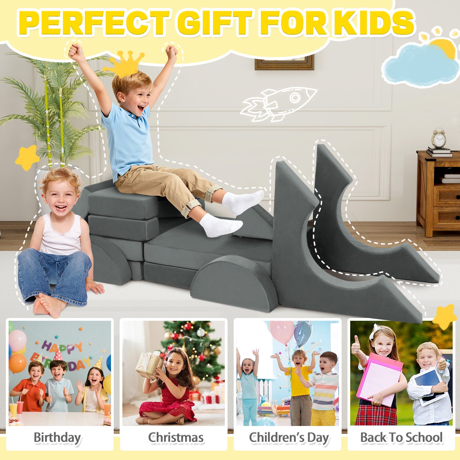 Light Gray Foam Kids Modular Sofa Set 15 Piece