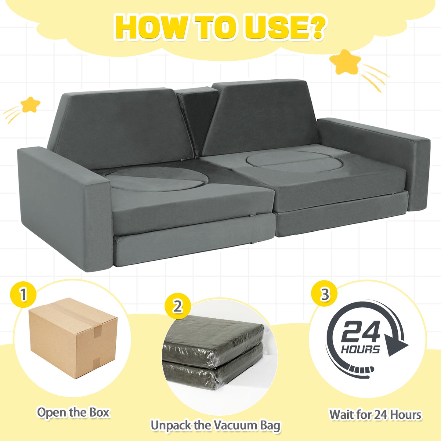 Light Gray Foam Kids Modular Sofa Set 15 Piece