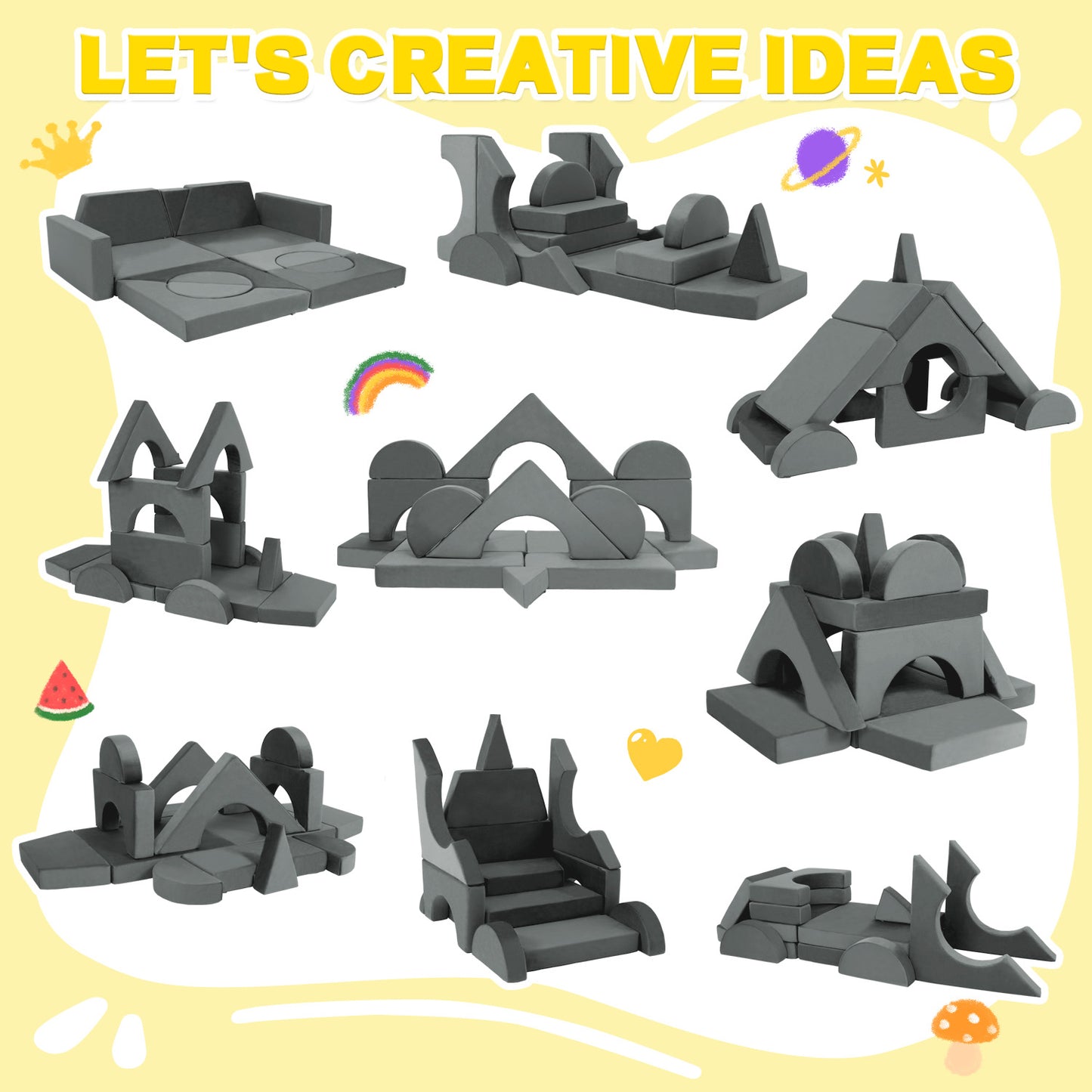 Light Gray Foam Kids Modular Sofa Set 15 Piece