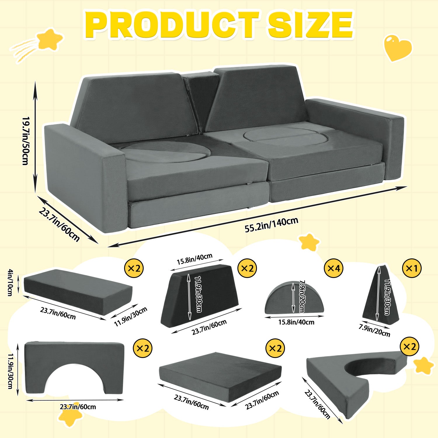 Light Gray Foam Kids Modular Sofa Set 15 Piece
