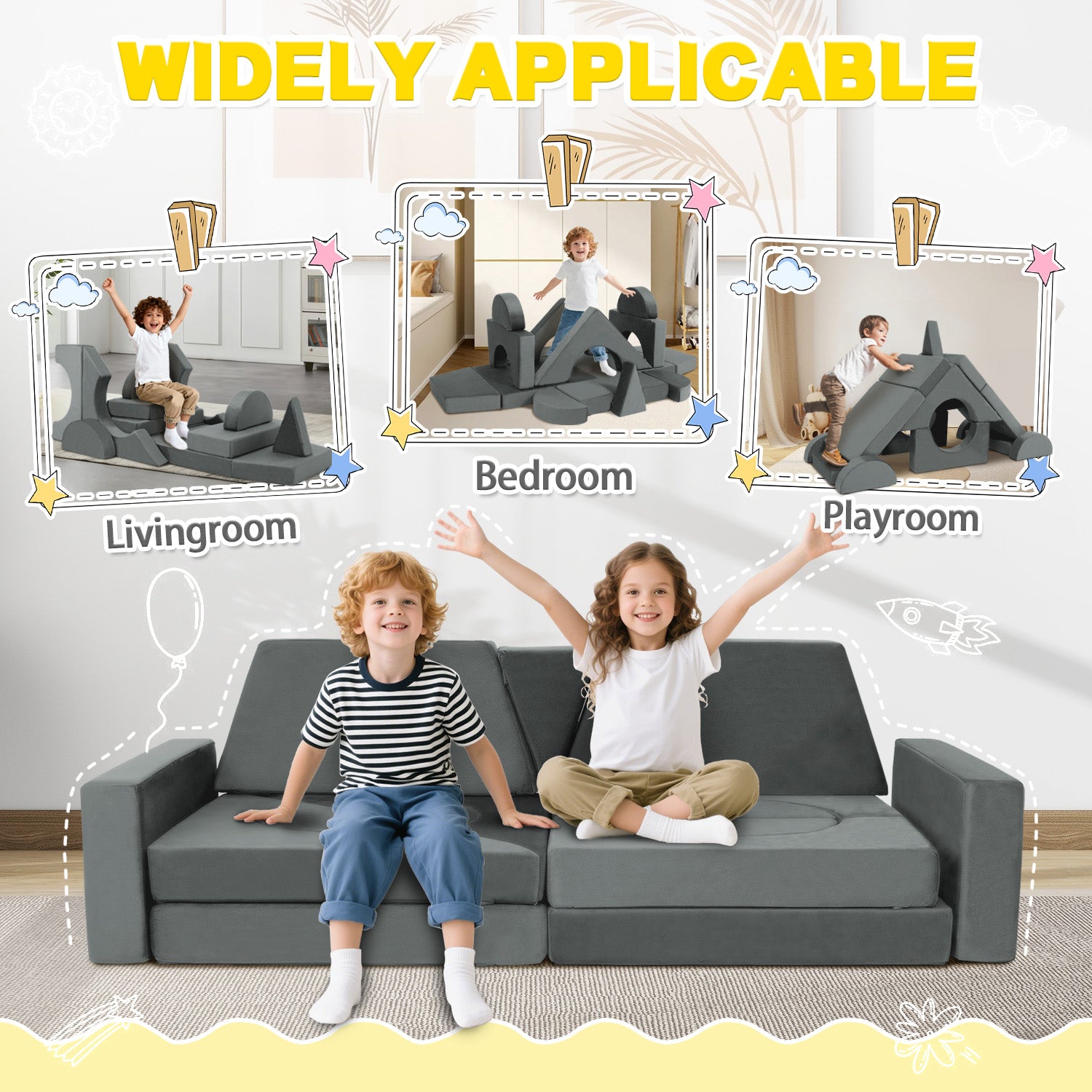 Light Gray Foam Kids Modular Sofa Set 15 Piece