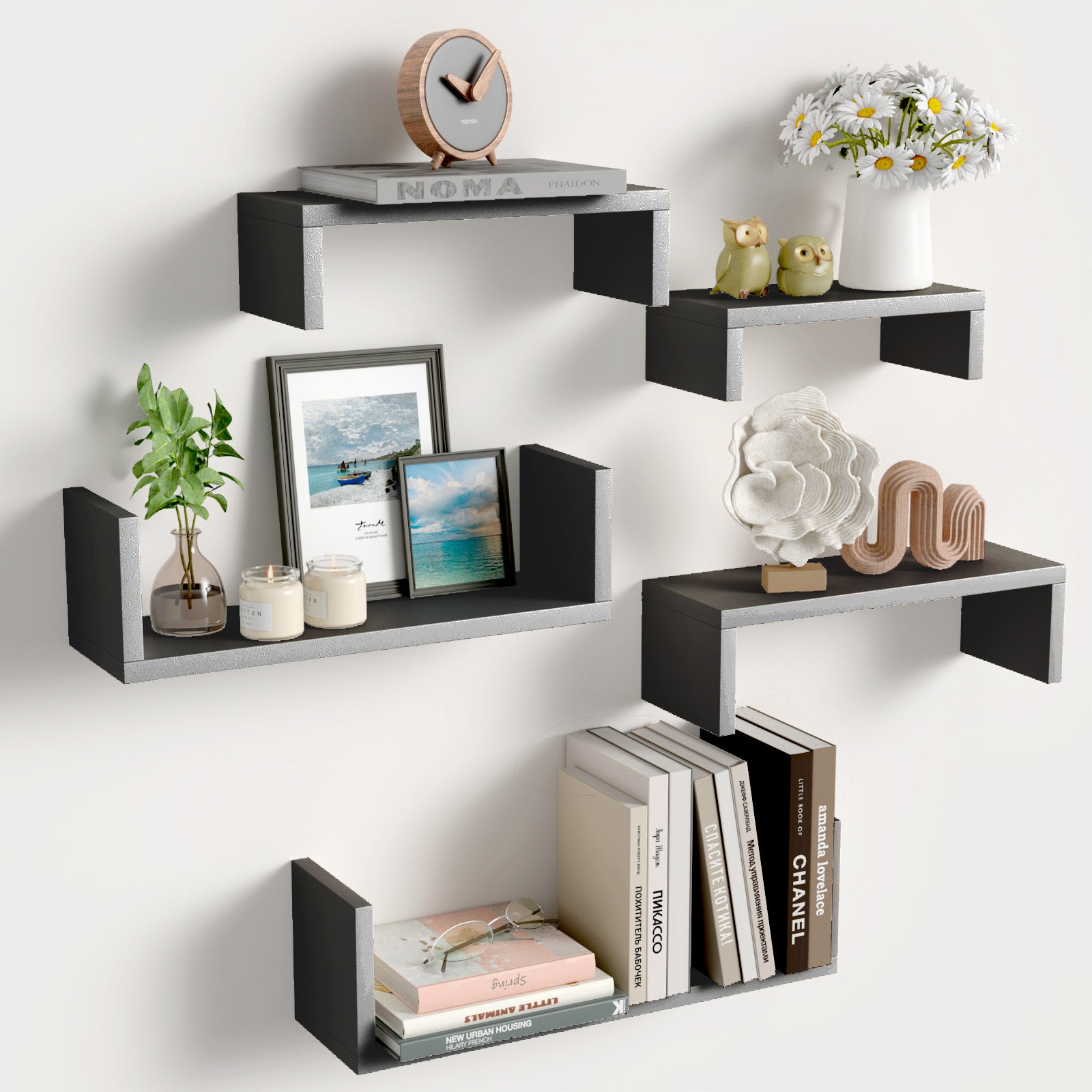 Wood Floating Wall Shelves Set of 5 Wall Mounted Storage Shelves for Bathroom Bedroom Living Room Kitchen Office Home Decor