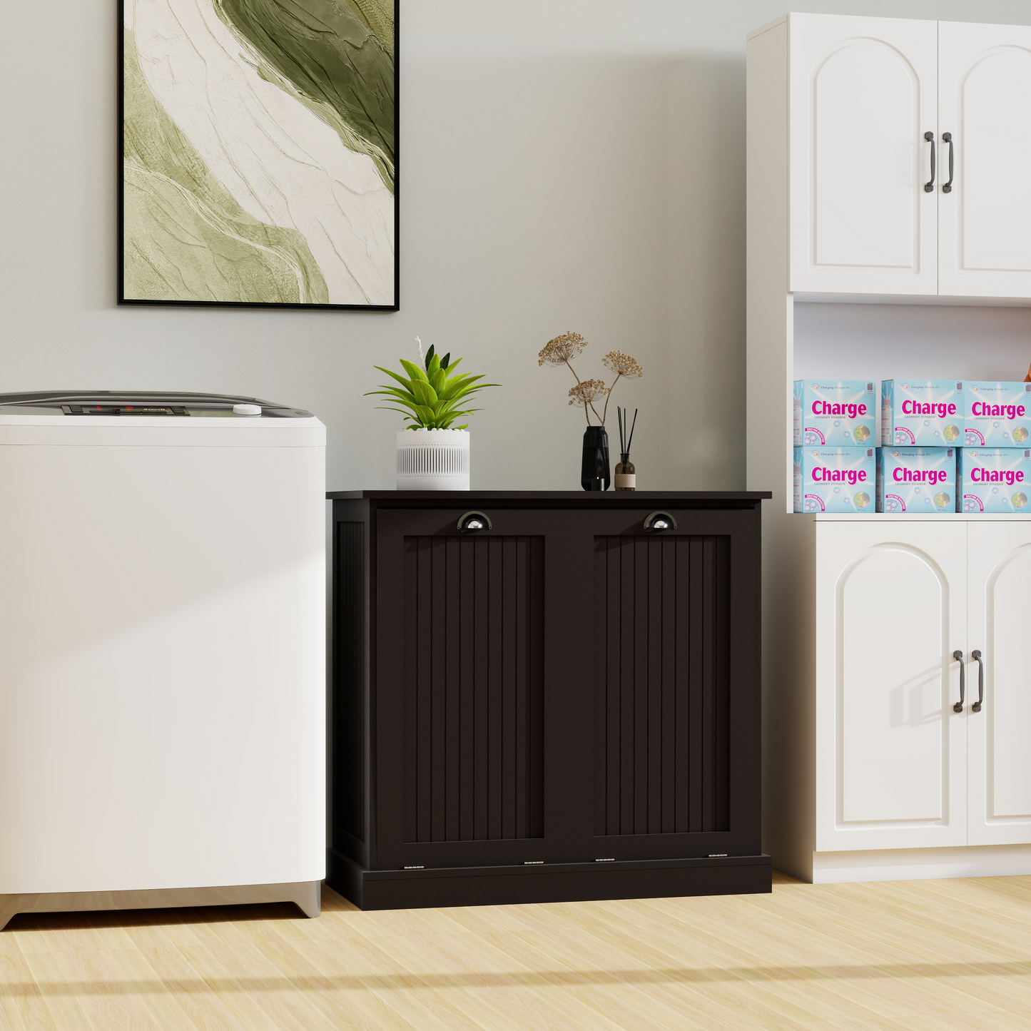Black Tilt-Out Laundry Sorter Cabinet - MDF Storage for Living Room