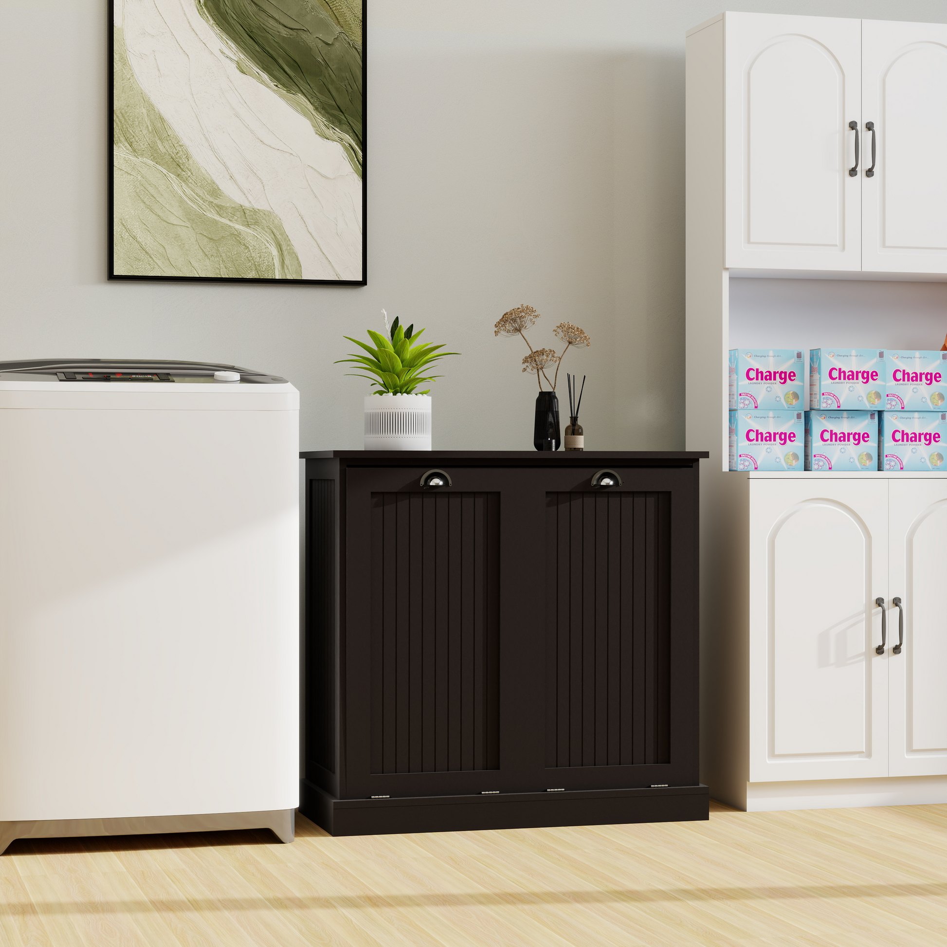 Black Tilt-Out Laundry Sorter Cabinet - MDF Storage for Living Room