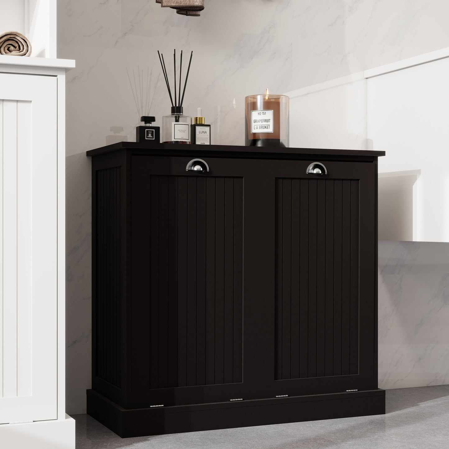 Black Tilt-Out Laundry Sorter Cabinet - MDF Storage for Living Room