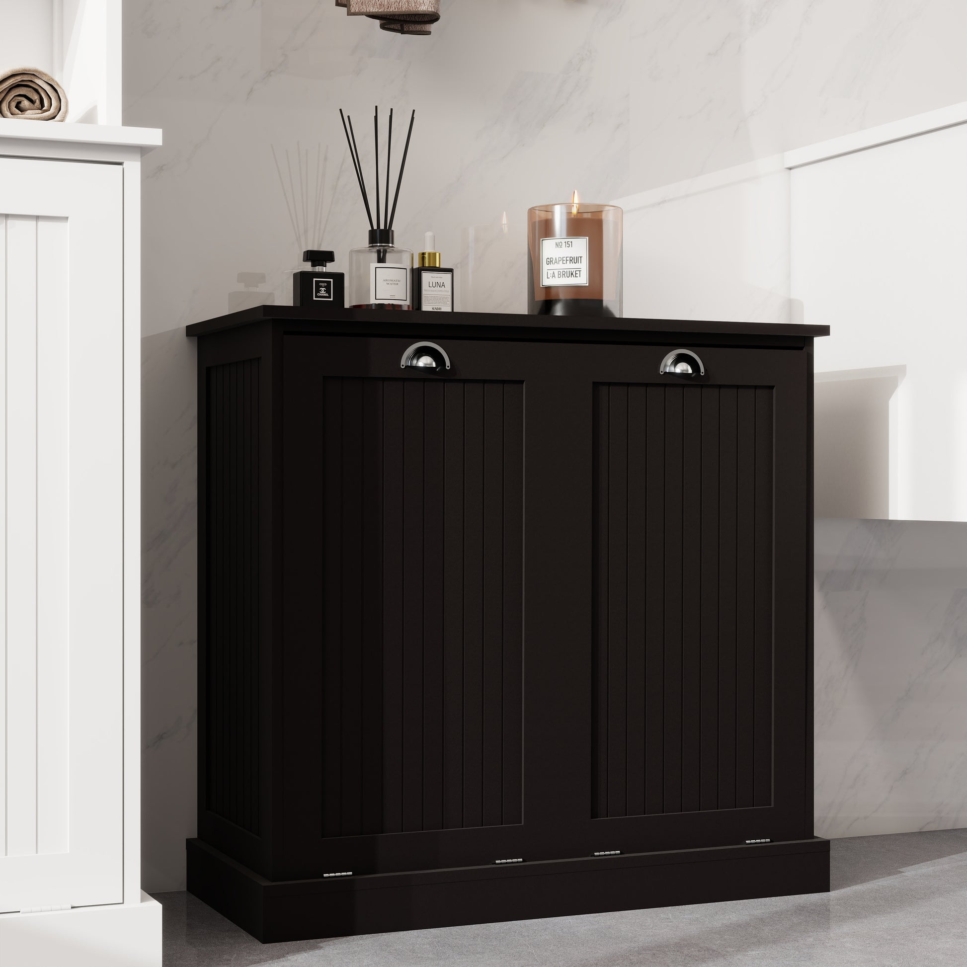 Black Tilt-Out Laundry Sorter Cabinet - MDF Storage for Living Room