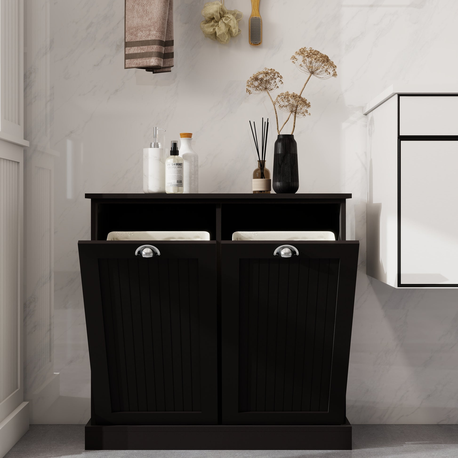 Black Tilt-Out Laundry Sorter Cabinet - MDF Storage for Living Room