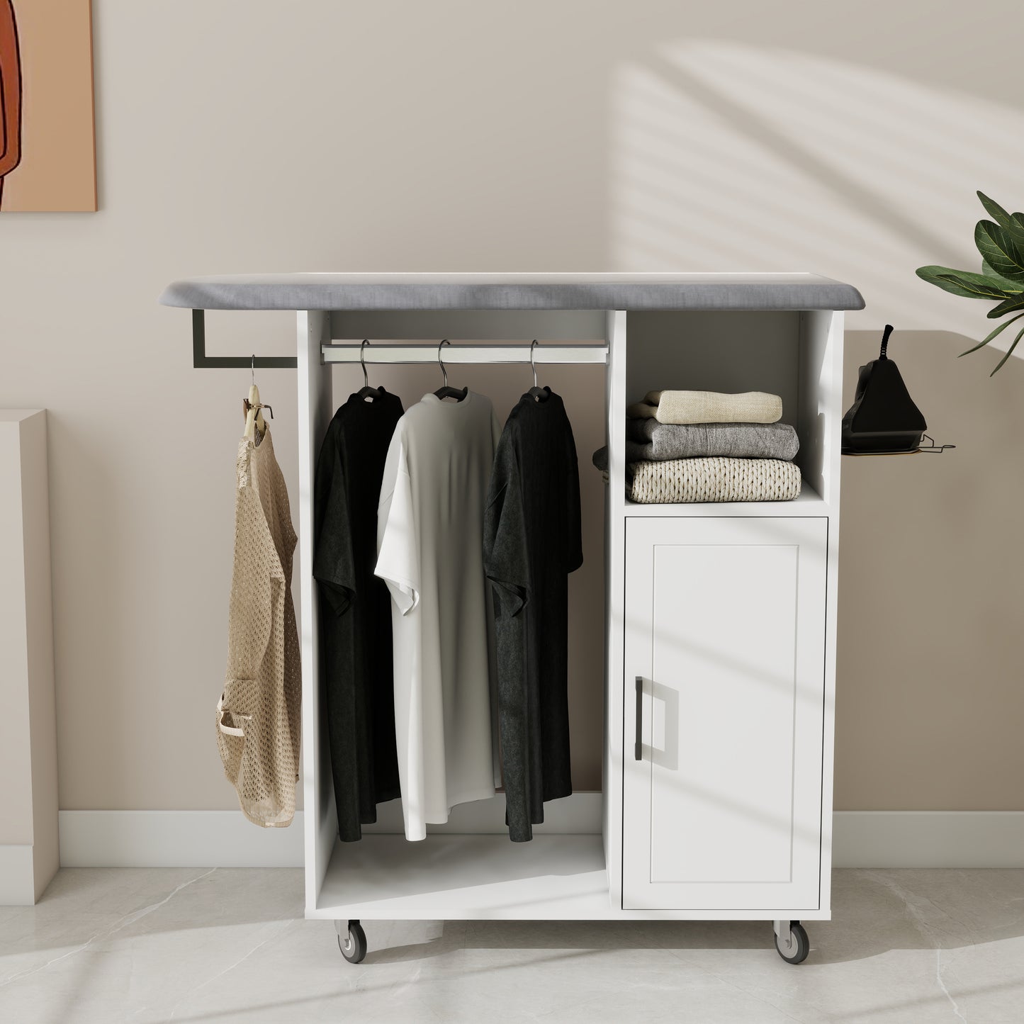 White Ironing Cabinet with Rolling Board - Compact Storage Solution for Living Room