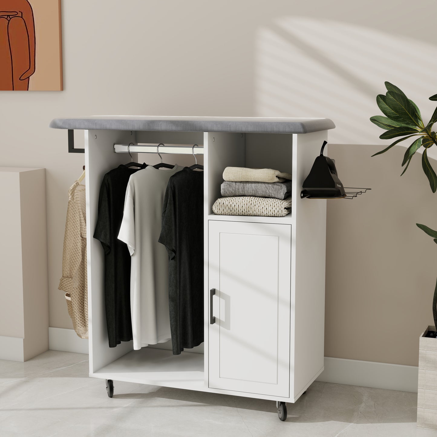 White Ironing Cabinet with Rolling Board - Compact Storage Solution for Living Room
