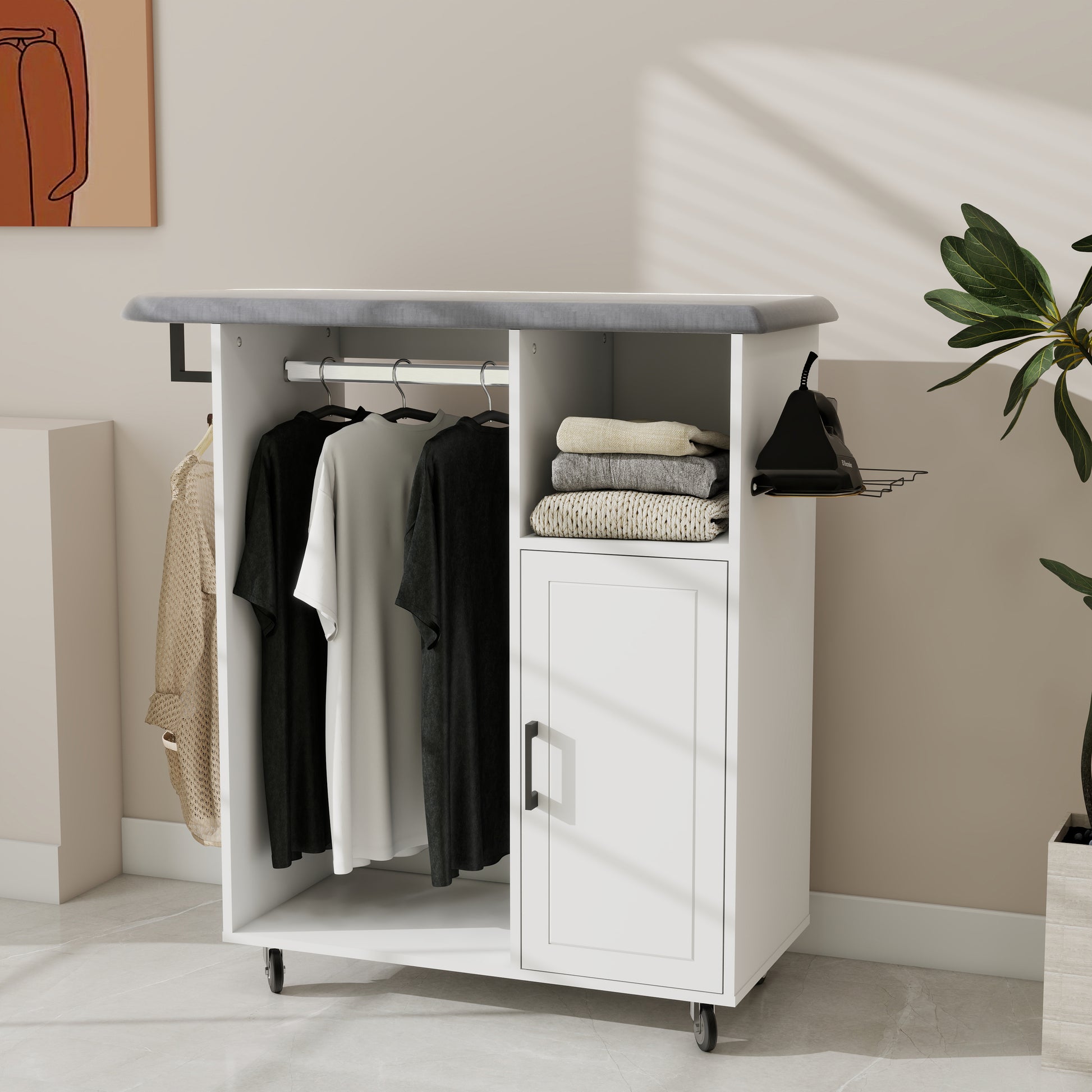 White Ironing Cabinet with Rolling Board - Compact Storage Solution for Living Room