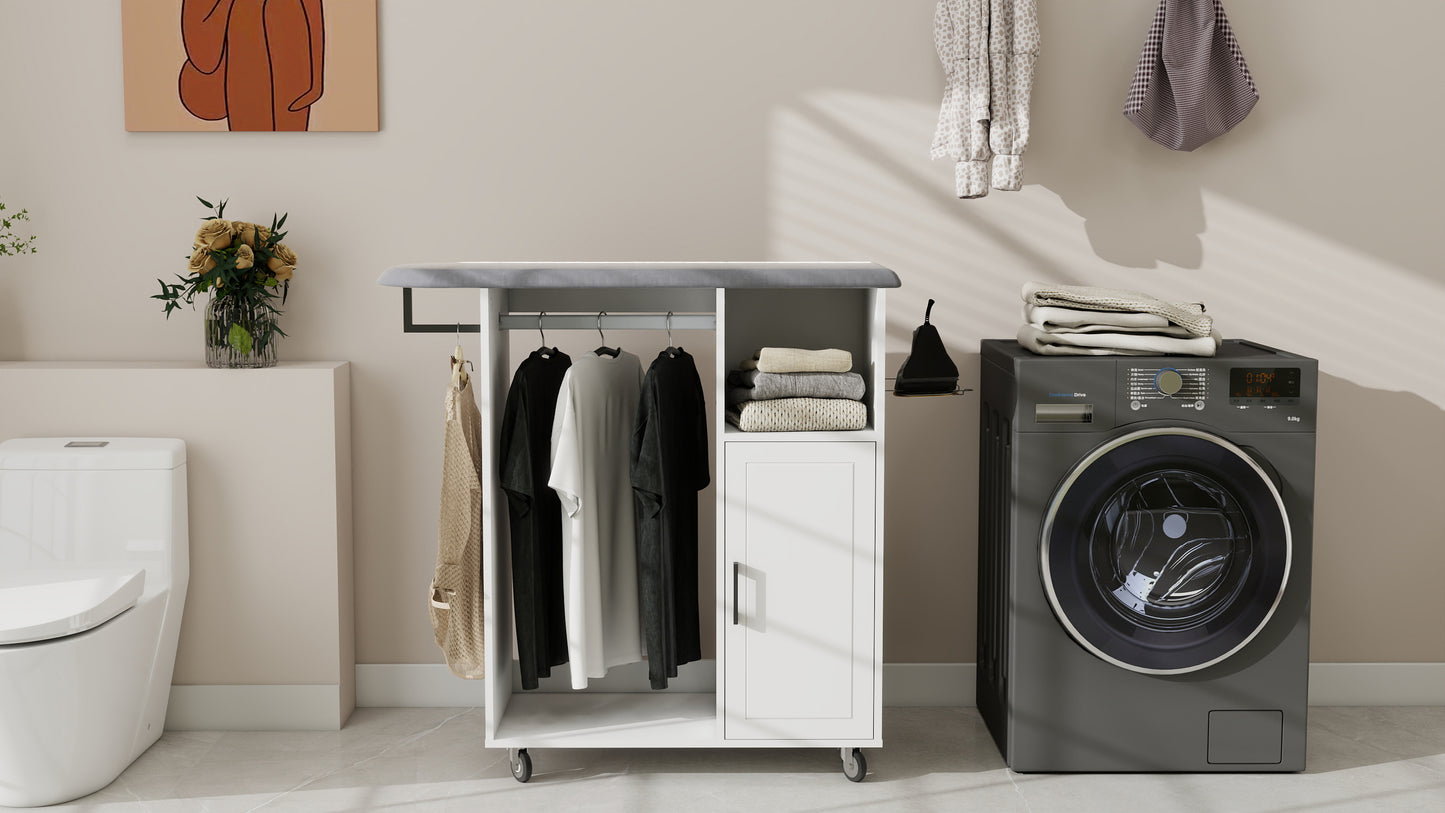 White Ironing Cabinet with Rolling Board - Compact Storage Solution for Living Room