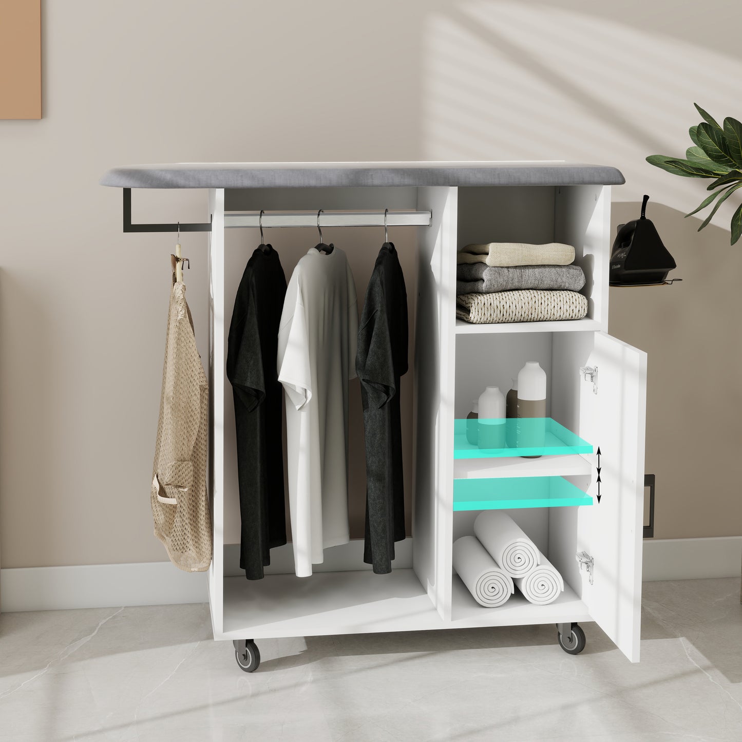 White Ironing Cabinet with Rolling Board - Compact Storage Solution for Living Room