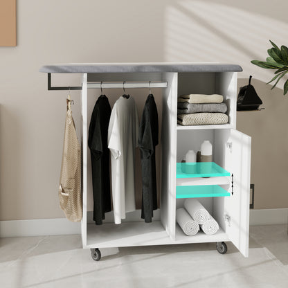 White Ironing Cabinet with Rolling Board - Compact Storage Solution for Living Room