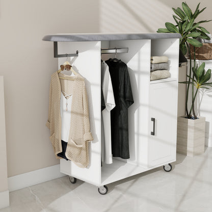 White Ironing Cabinet with Rolling Board - Compact Storage Solution for Living Room