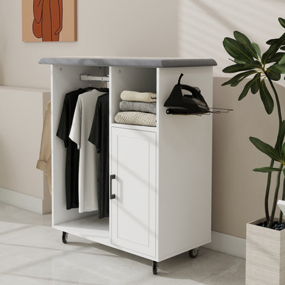 White Ironing Cabinet with Rolling Board - Compact Storage Solution for Living Room