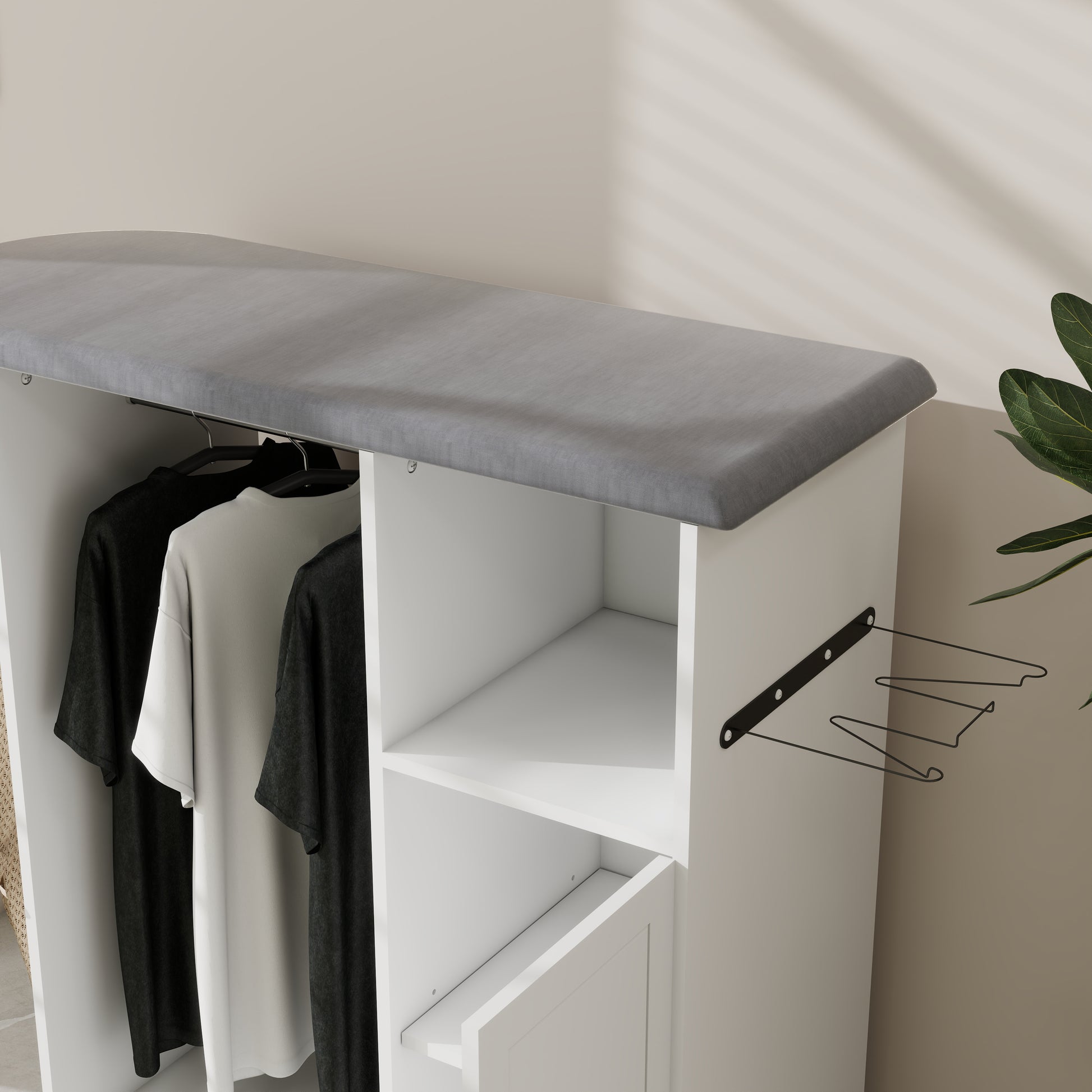 White Ironing Cabinet with Rolling Board - Compact Storage Solution for Living Room