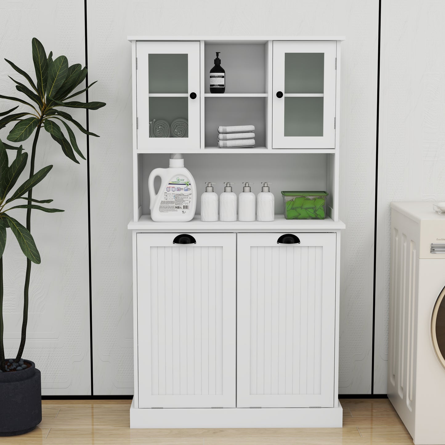White Laundry Sorter Cabinet - MDF Tall Storage