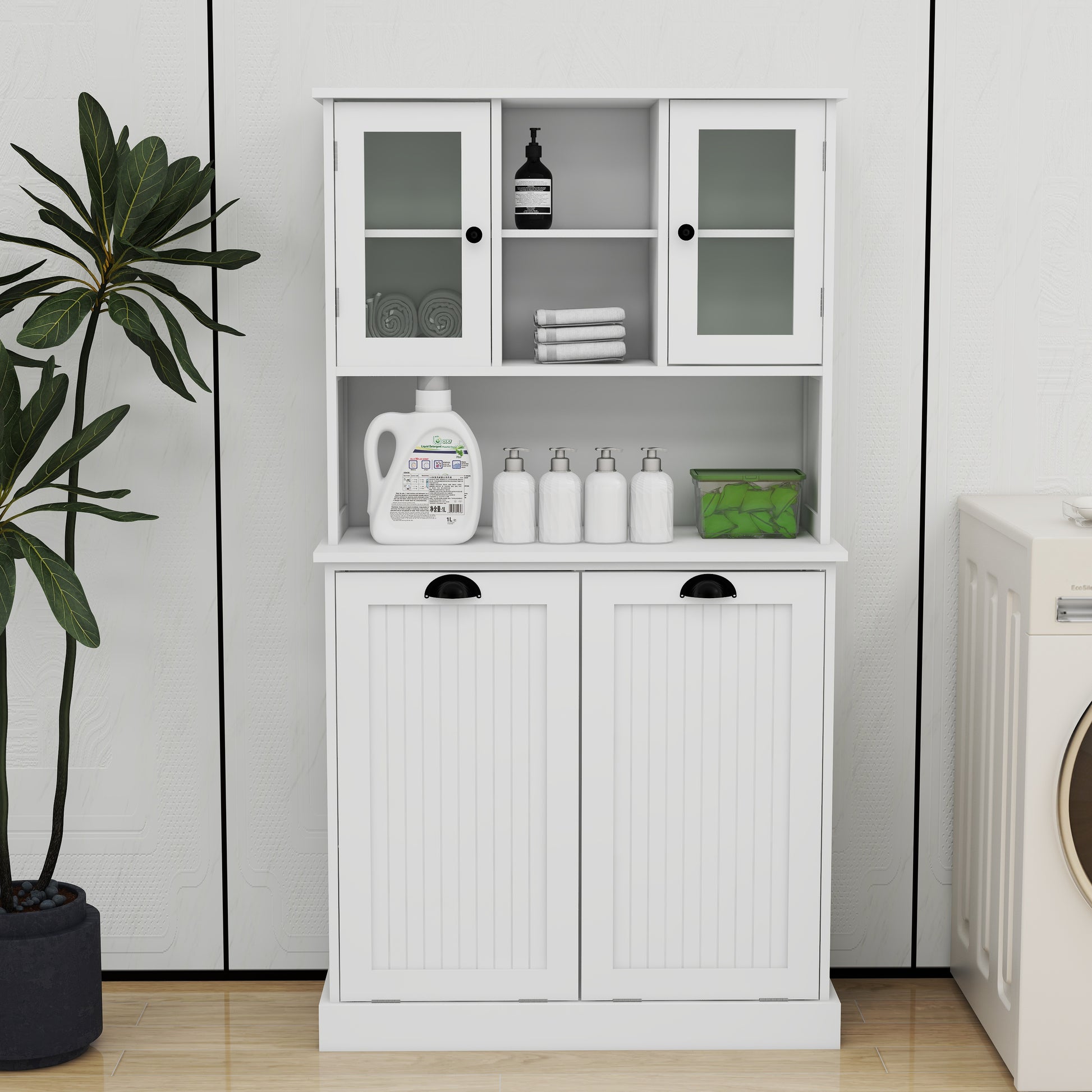 White Laundry Sorter Cabinet - MDF Tall Storage