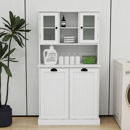 White Laundry Sorter Cabinet - MDF Tall Storage