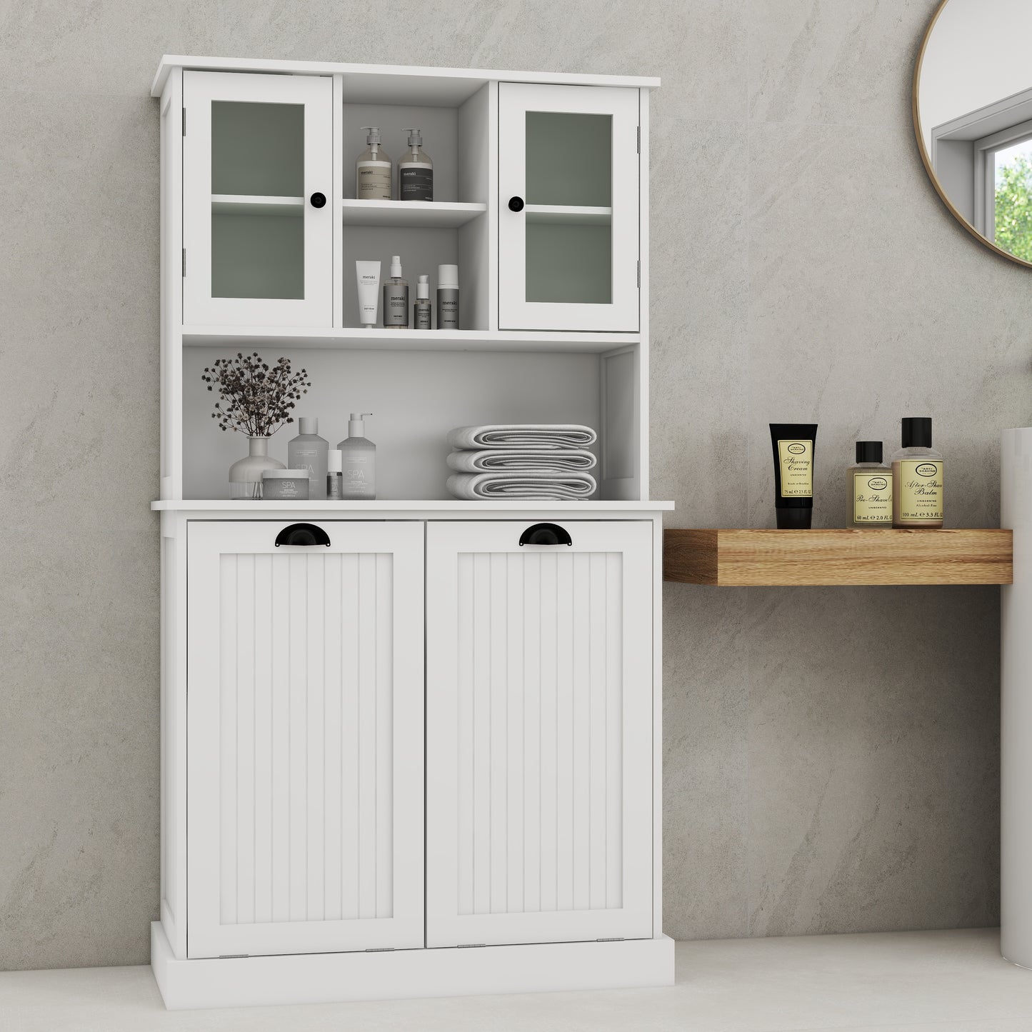 White Laundry Sorter Cabinet - MDF Tall Storage