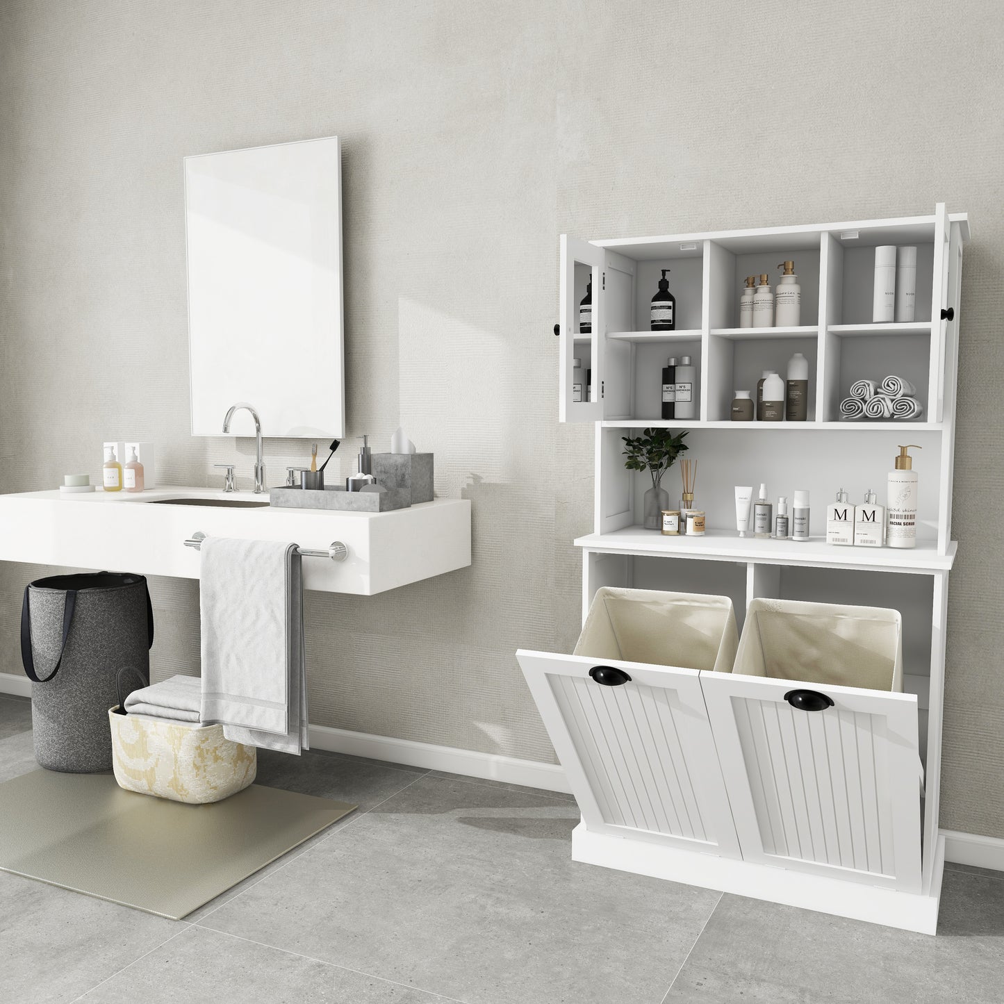 White Laundry Sorter Cabinet - MDF Tall Storage