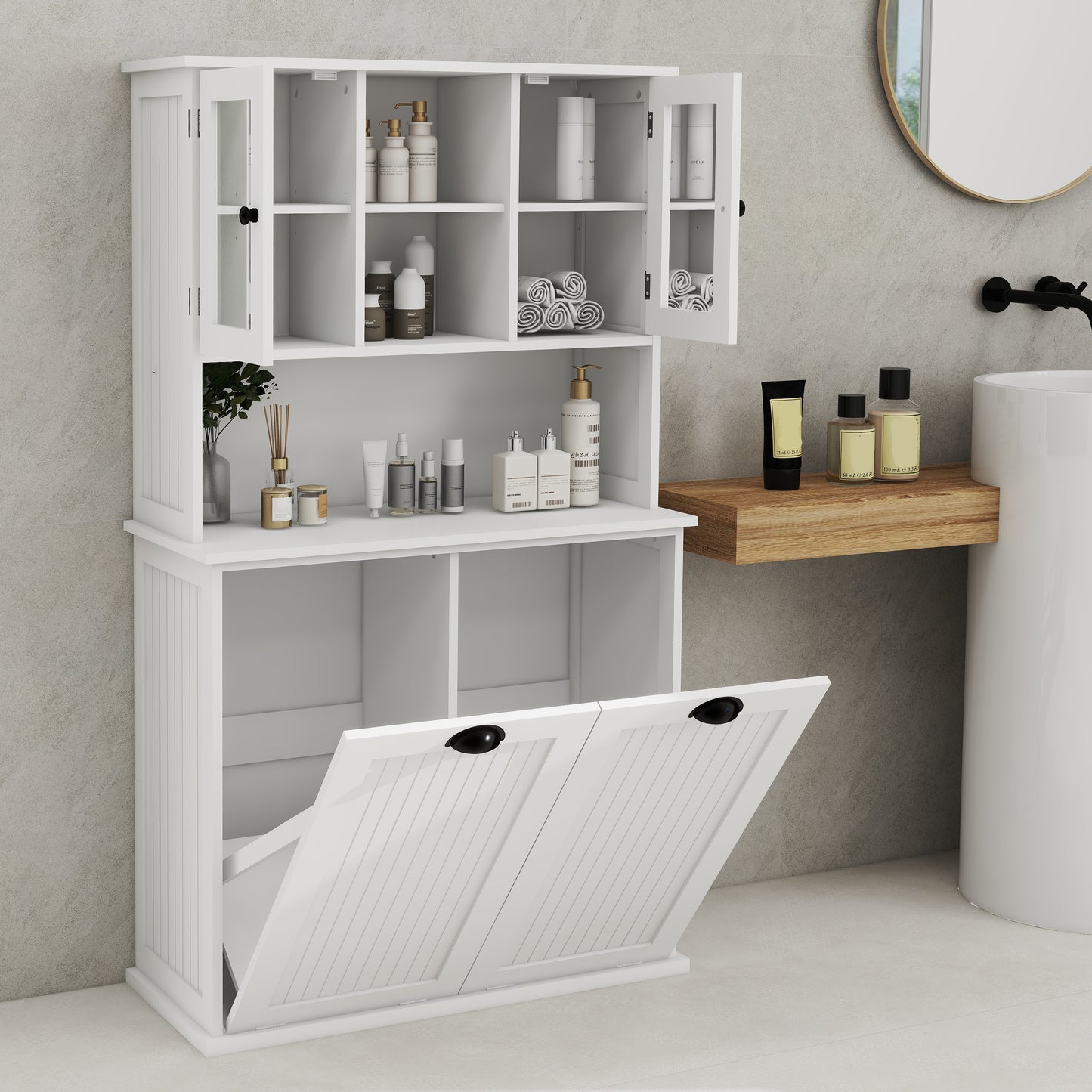 White Laundry Sorter Cabinet - MDF Tall Storage