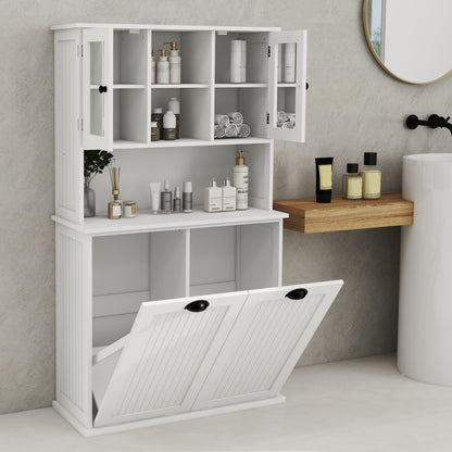 White Laundry Sorter Cabinet - MDF Tall Storage