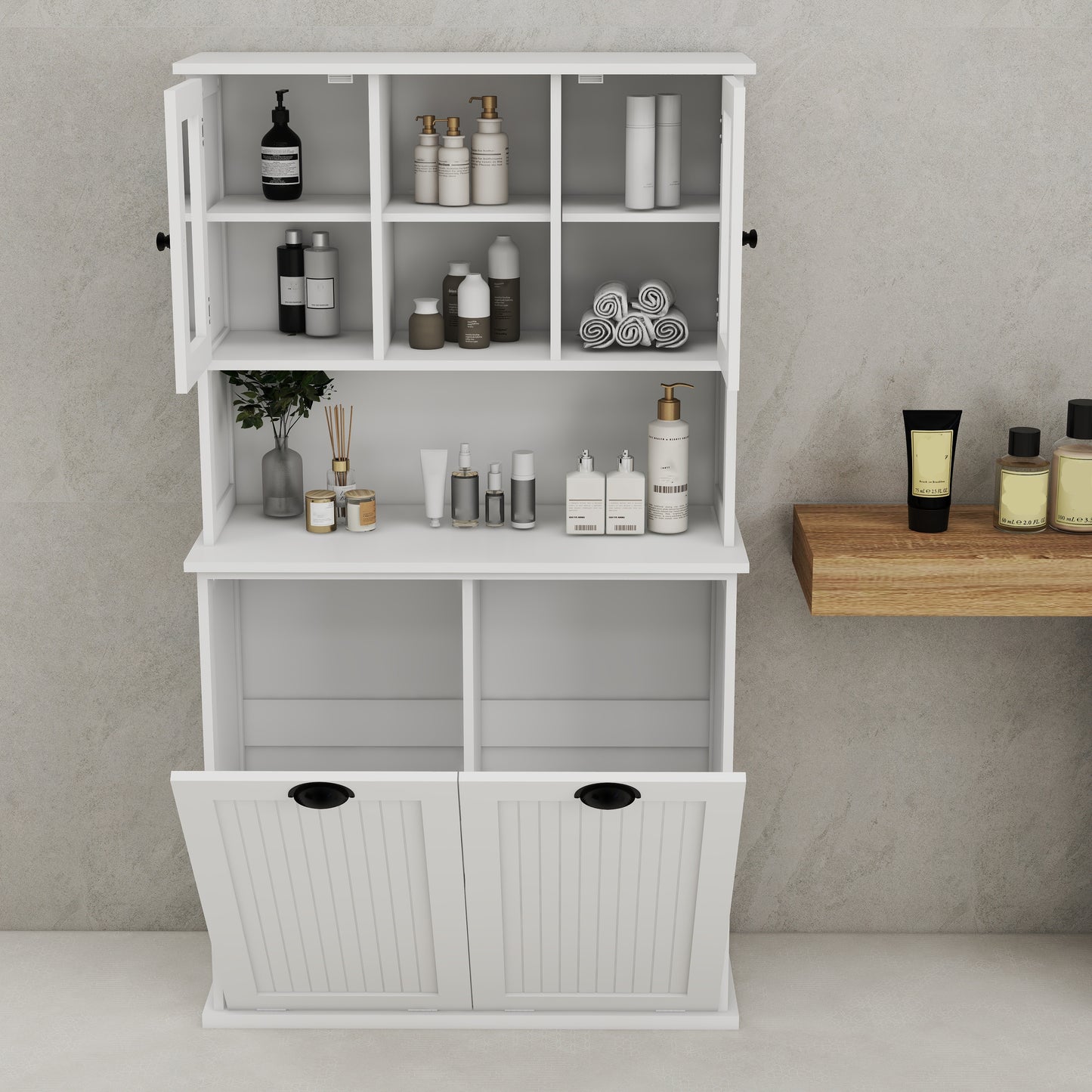 White Laundry Sorter Cabinet - MDF Tall Storage