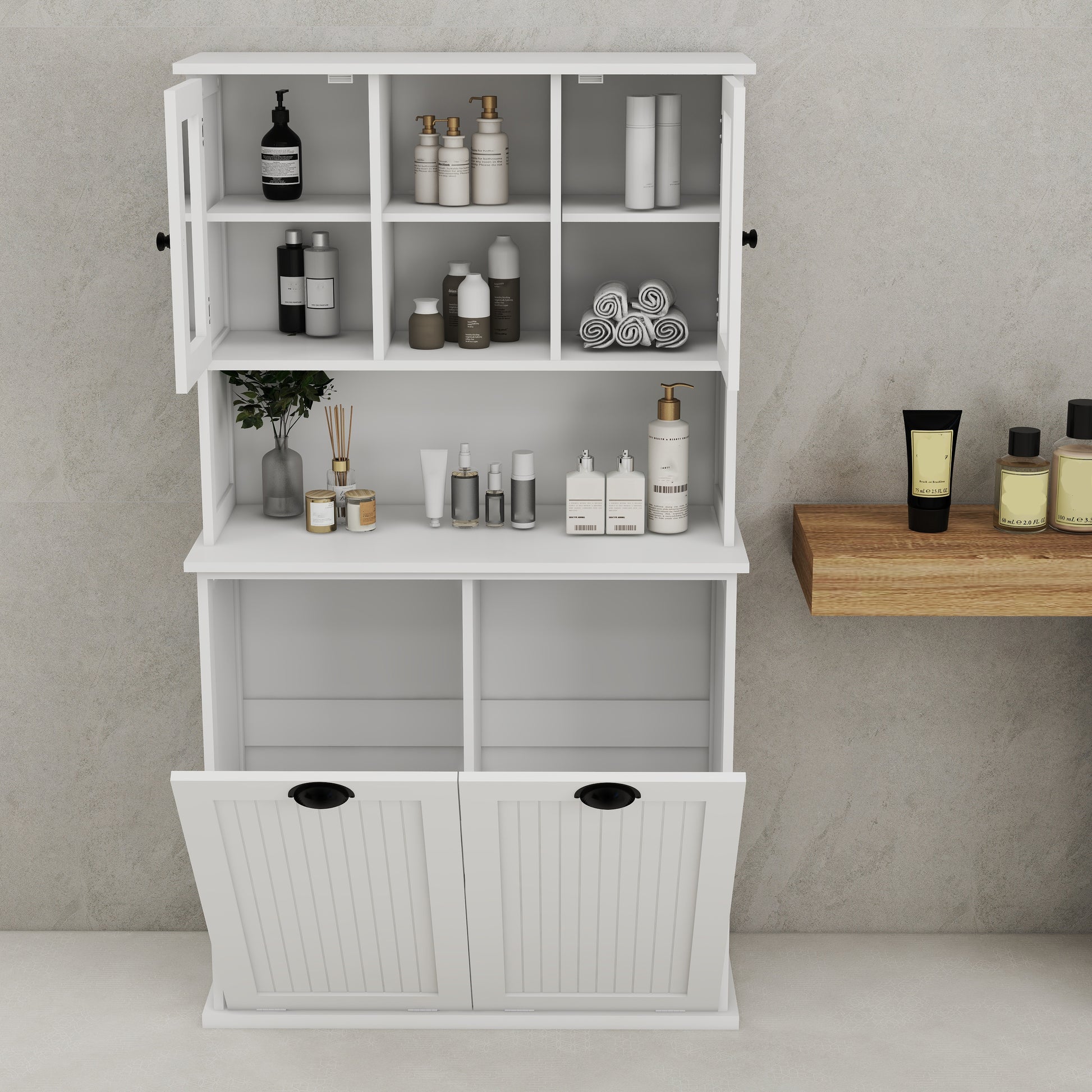 White Laundry Sorter Cabinet - MDF Tall Storage