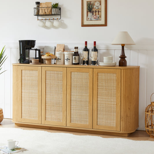 64-inch wave shaped TV stand, rounded corner sideboard, storage cabinet, buffet, wood vertical striped cabinet with rattan doors for kitchen/bedroom/entryway. Natural, 64''W x 15''D x 31.5''H