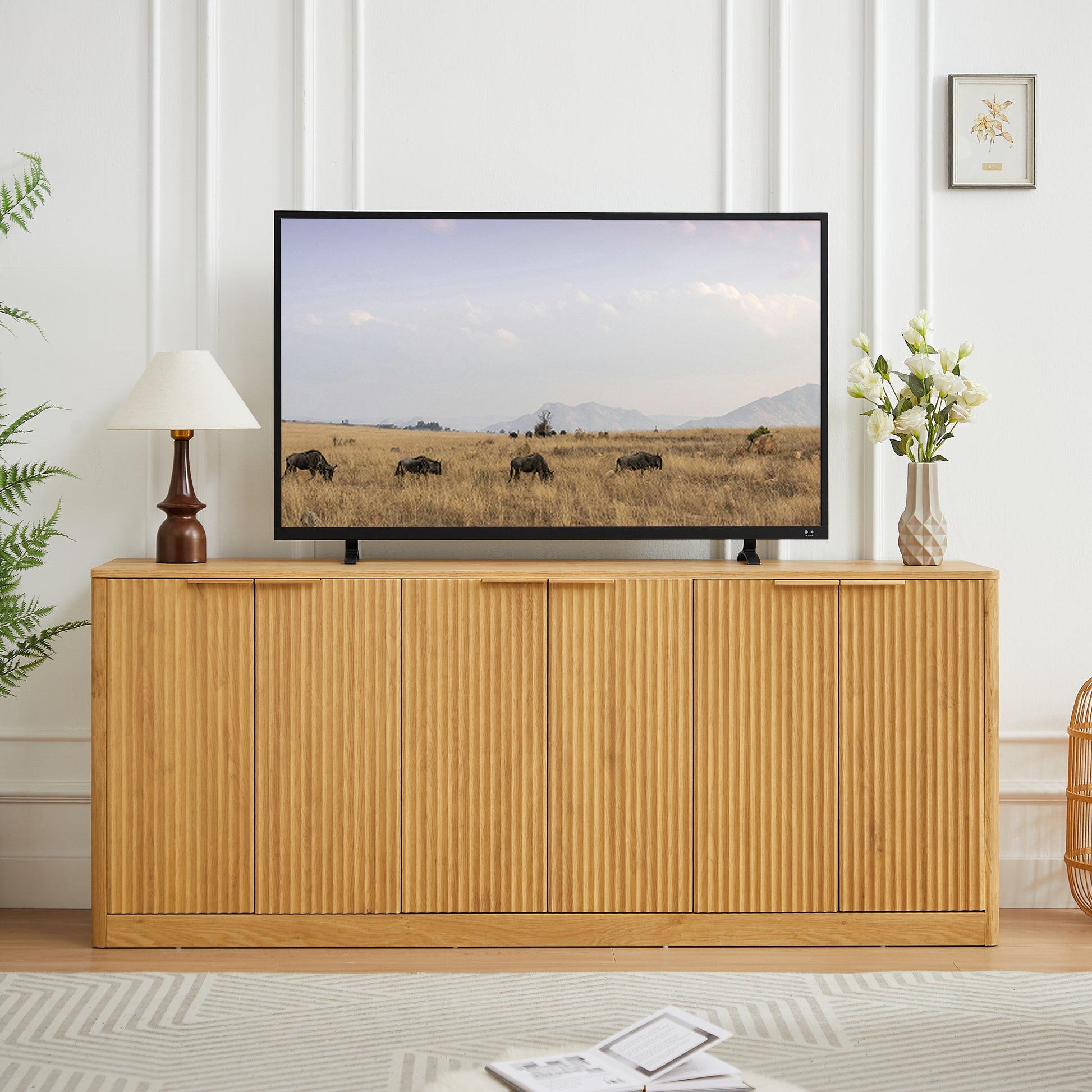 67-inch modern wavy sideboard, curved contour design storage cabinet, 6-door cabinet with storage function, suitable for kitchen / bedroom / living room, Natural, 67.0"L x 15.7"W x 27.7"H
