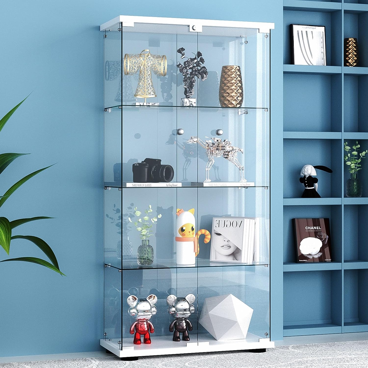 Glass Display Cabinet 4-Shelf 2 Doors with LED Push Light Lockable Glass Display Case with 5mm Tempered Glass Floor-Standing Glass Bookshelf for Bedroom, Living Room, White