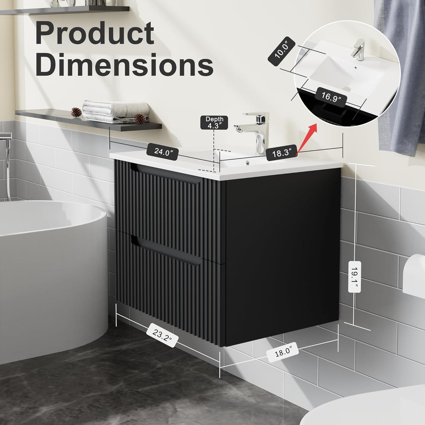 Goodyo 24" Wall Mounted Bathroom Vanity with Sink - Black