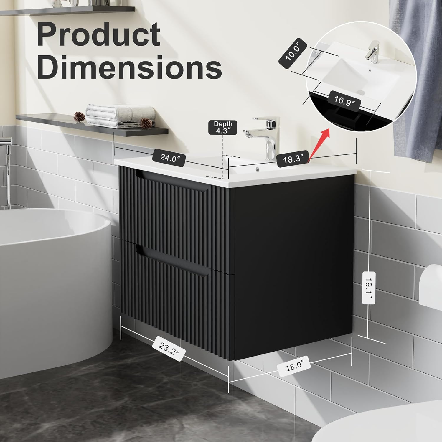 Goodyo 24" Wall Mounted Bathroom Vanity with Sink - Black