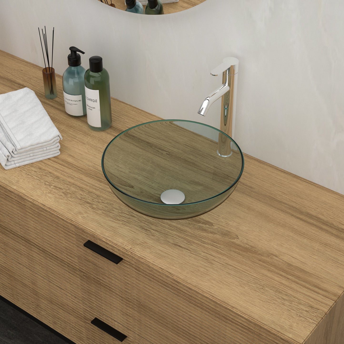 Clear Tempered Glass Vessel Sink - Bathroom Vanity with Chrome Faucet
