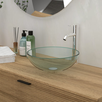 Bathroom Artistic Tempered Glass Vessel Bathroom Sink with Chrome Faucet and Pop-up Drain, Clear