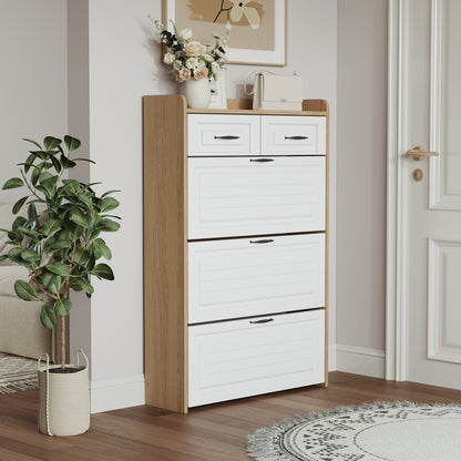 White + Oak Shoe Cabinet - 3 Drawers, 5+ Storage for Living Room
