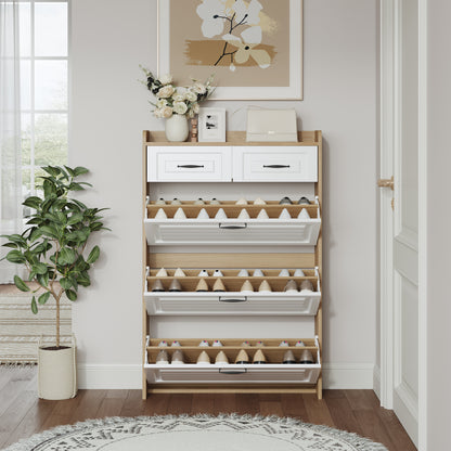 White + Oak Shoe Cabinet - 3 Drawers, 5+ Storage for Living Room