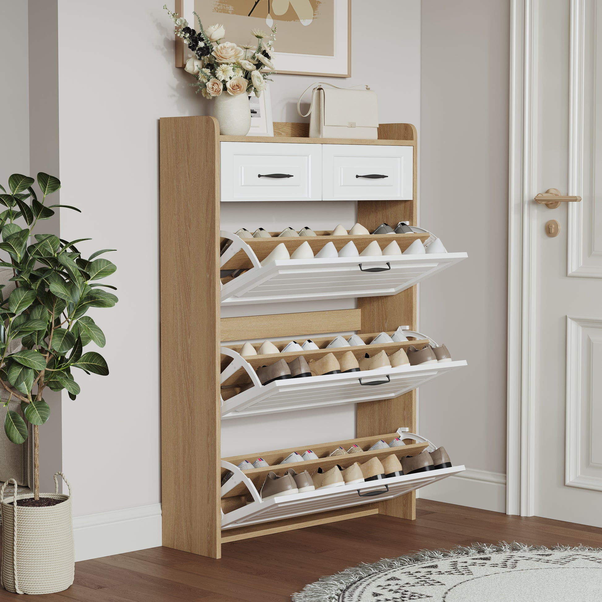 White + Oak Shoe Cabinet - 3 Drawers, 5+ Storage for Living Room