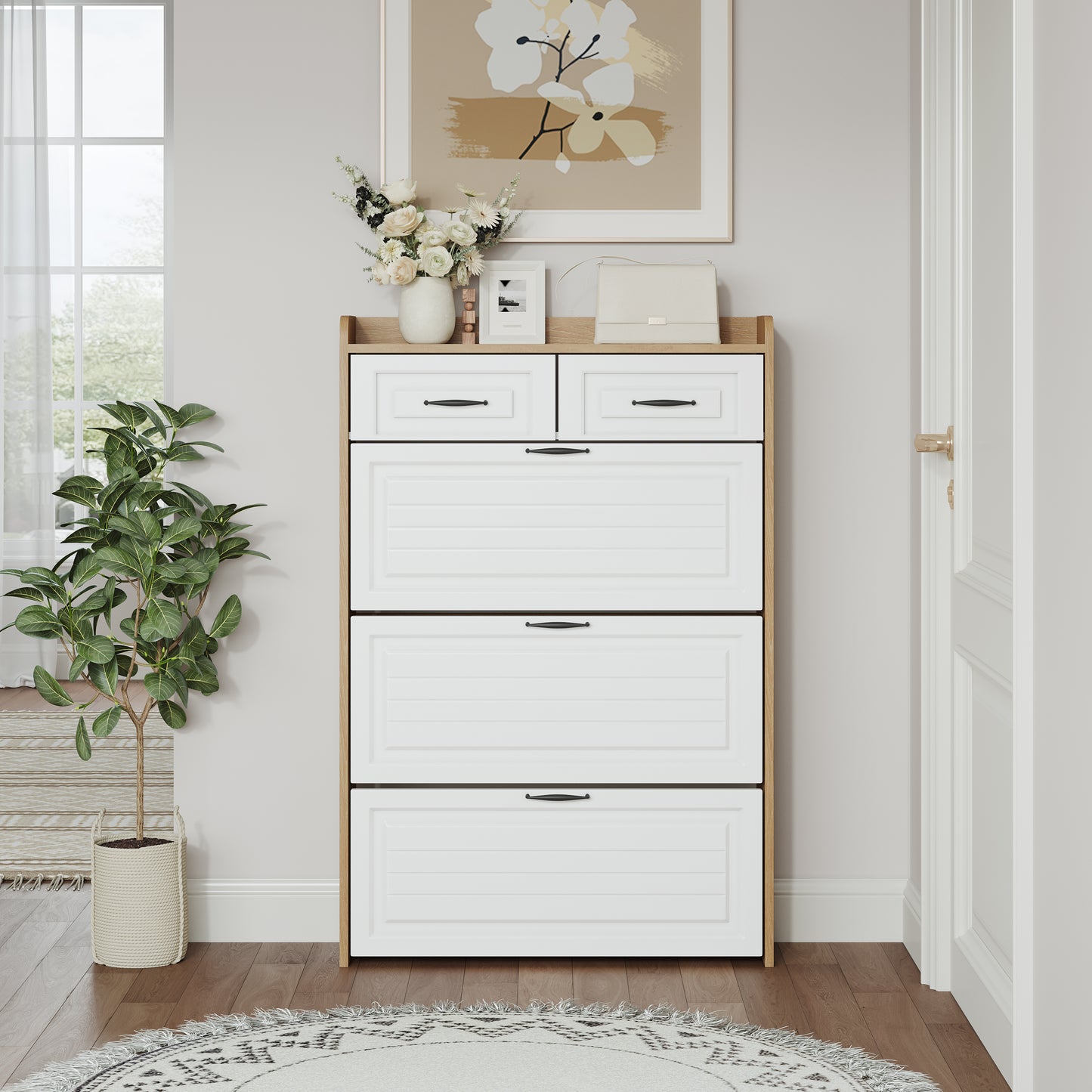 1250 White +Oak Color shoe cabinet  with 3 doors 2 drawers,large space for storage
