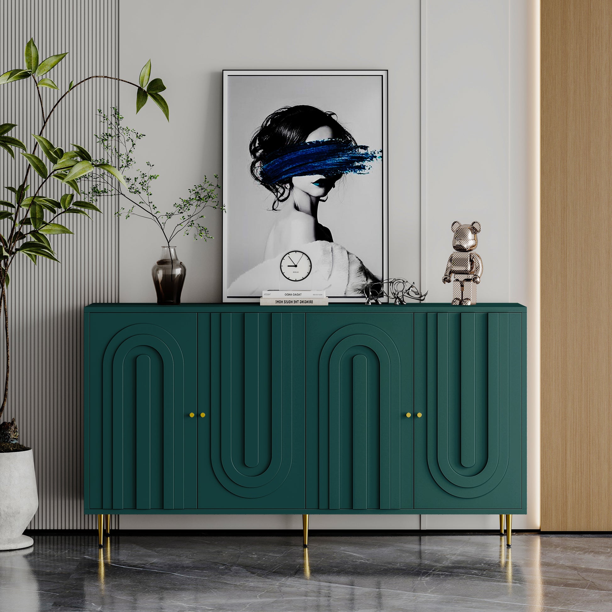 Green MDF Cabinet - 4 Door Storage Sideboard