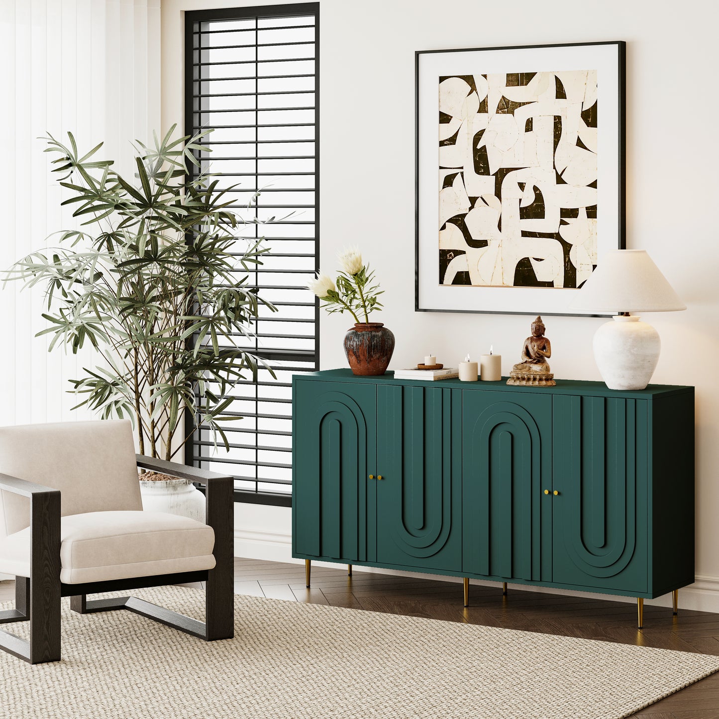 Green MDF Cabinet - 4 Door Storage Sideboard