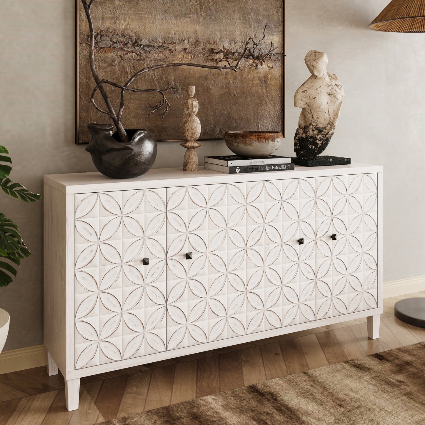White Washed Wood Sideboard Buffet Cabinet - 4 Door Storage
