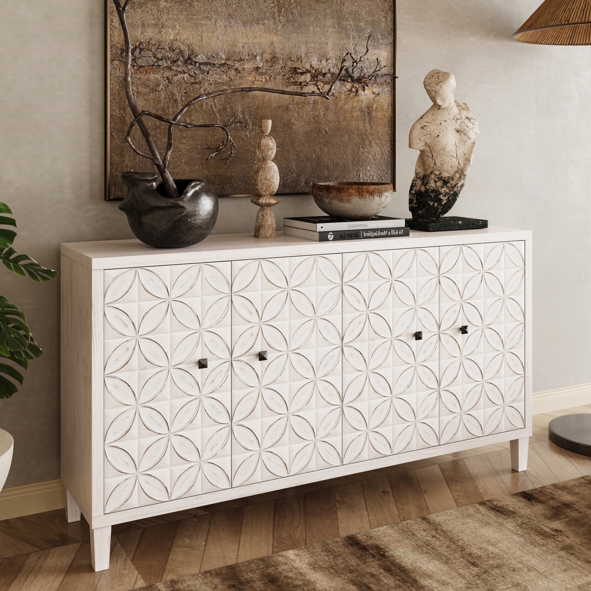 White Washed Wood Sideboard Buffet Cabinet - 4 Door Storage