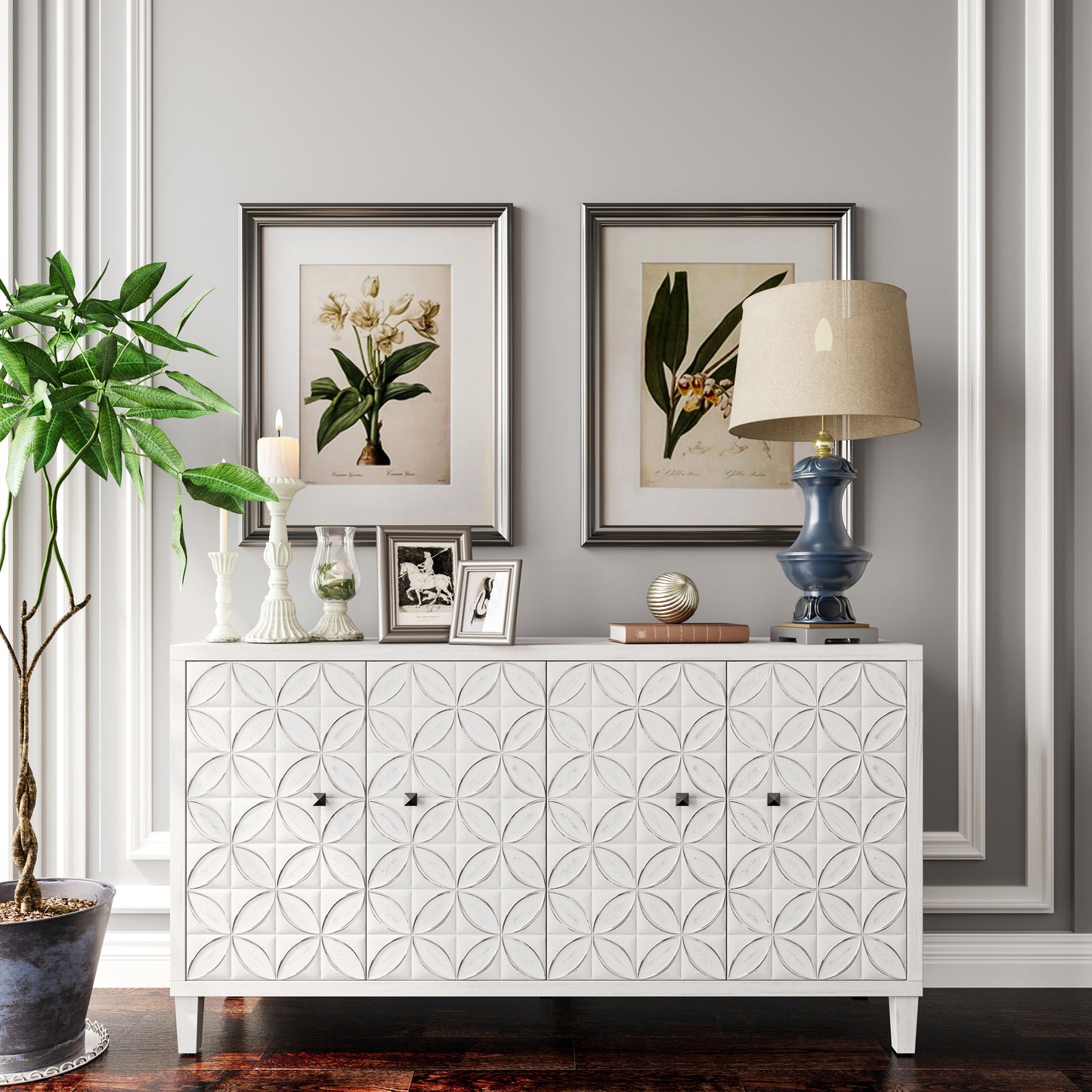 White Washed Wood Sideboard Buffet Cabinet - 4 Door Storage